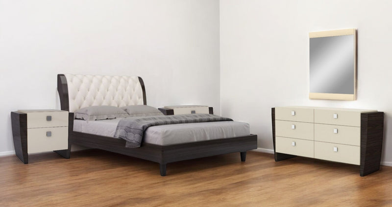 Four Piece Beige Solid and Manufactured Wood Bedroom Set With Mirror