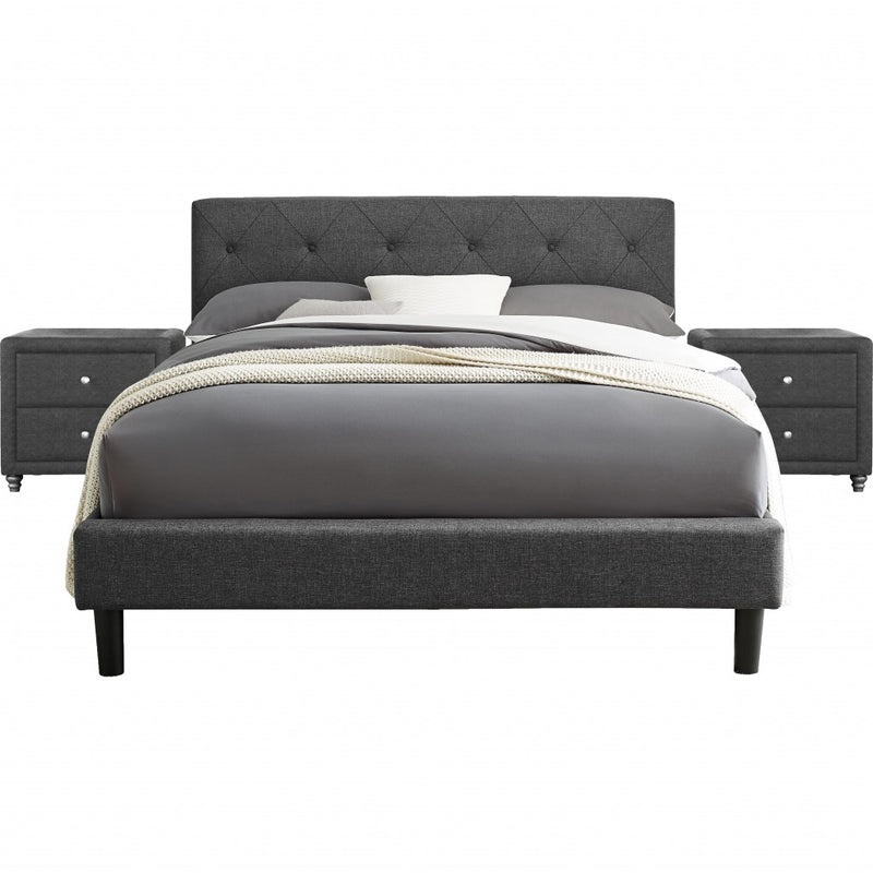 Grey Queen Platform Bed with Two Nightstands