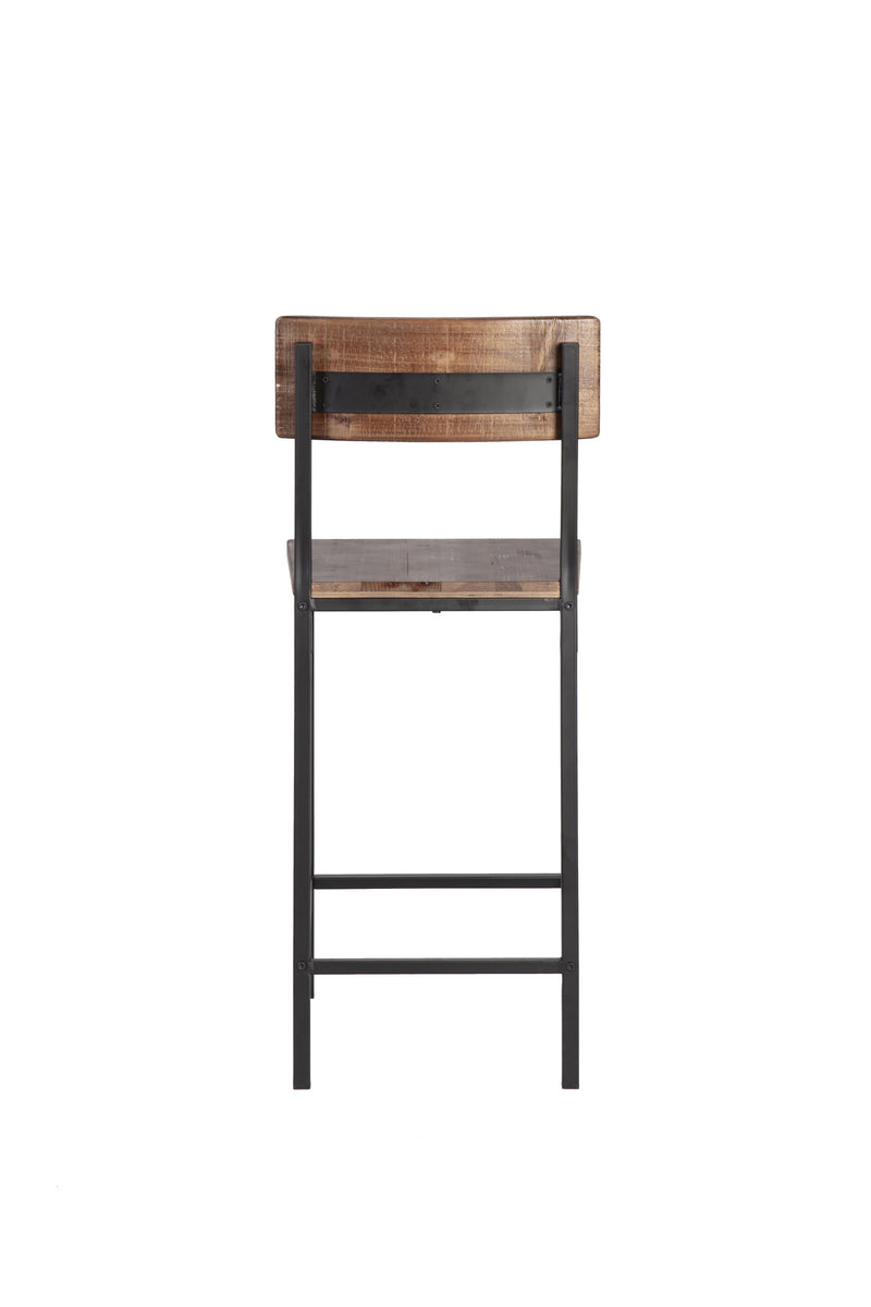 Set of Two 25" Brown And Black Reclaimed Wood And Metal Counter Height Bar Chairs