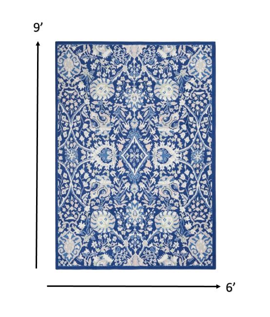 6’ X 9’ Navy And Ivory Intricate Floral Area Rug